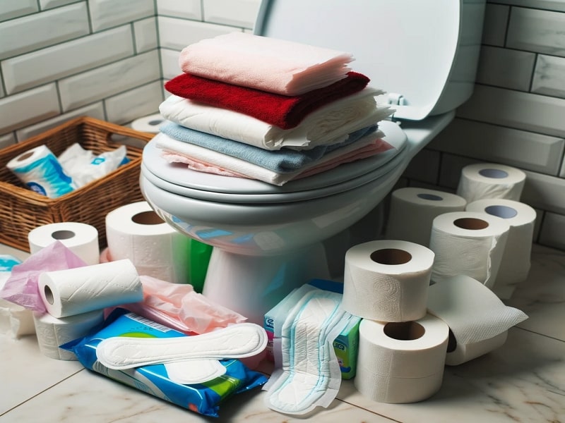 Tuvalet tıkanıklığına neden olan yaygın ürünler: tuvalet kağıdı, ıslak mendil ve hijyenik pedler.